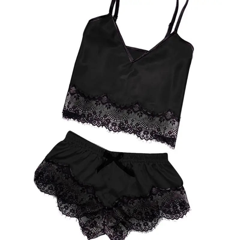 

Womens Plus Size Imitation Silk Two Piece Pajamas Set Eyelash Lace Trim Deep V-Neck Camisole Wide Leg Bowknot Shorts Sleepwear