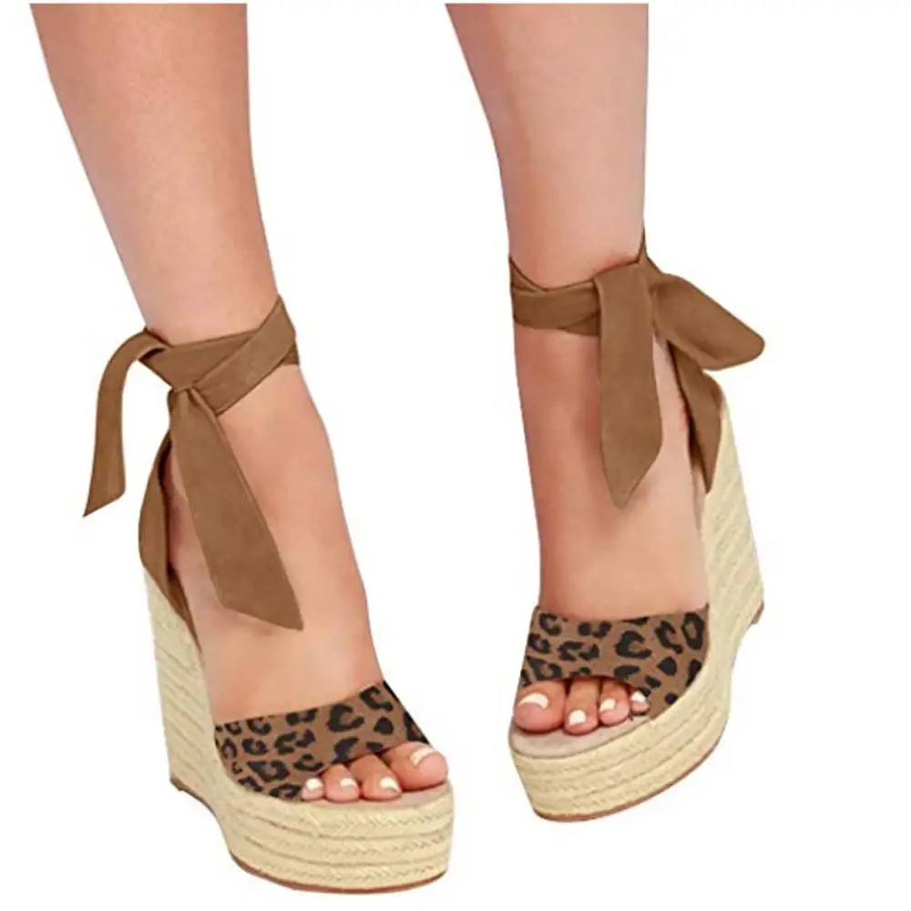 

Women Leopard Open Toe Wedges Thick Bottom Lace-Up Roman Sandals female summer high heels platform 5cm fashion shoes