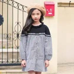 Школьное платье для маленьких девочек в Корейском стиле Костюмы Фонари рукава лоскутное Рубашка в полоску-подростков платье для девочек