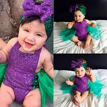 

Sequin Baby Girls Mermaid Tulle Bodysuit Headband 2pcs Sunsuit Outfits Clothes Toddler Kids Skirted Bodysuits 0-24M