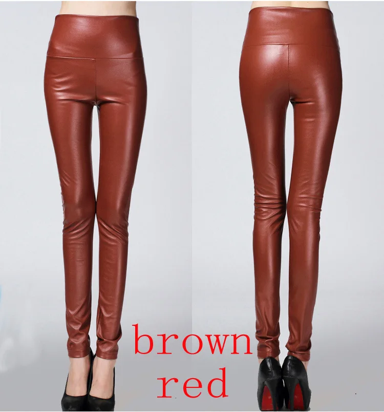 brown red Осень зима женские обтягивающие леггинсы из искусственной кожи Карандаш Леггинсы тонкая искусственная кожа брюки женские модные толстые флисовые брюки - Цвет: brown red