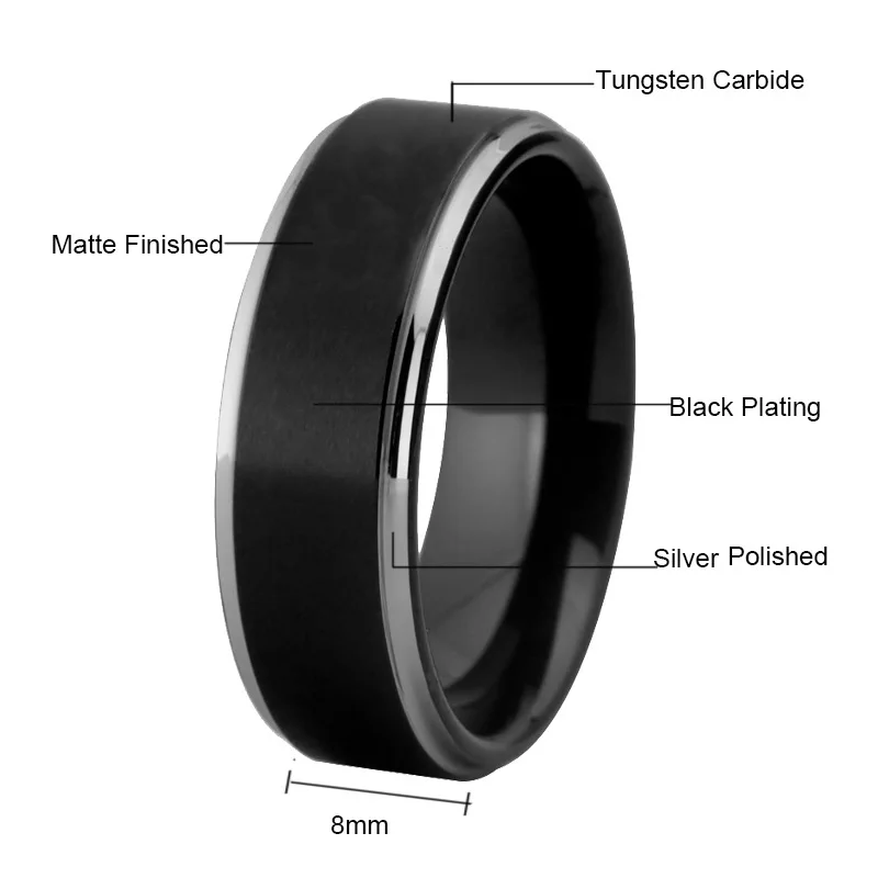 Мужское обручальное кольцо, женское модное обручальное мужское Т-кольцо, матовое черное с серебром, вольфрамовое кольцо, вольфрамовое кольцо на палец - Цвет основного камня: 8mm Width