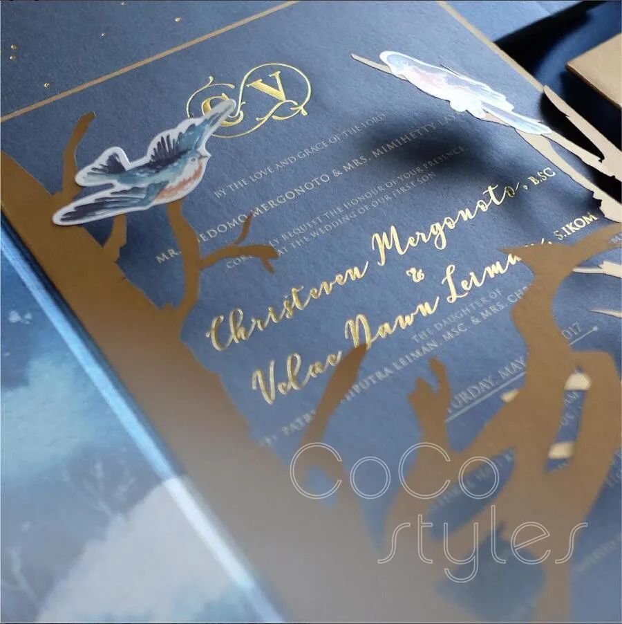 Cocostyles bespoke creative gold foiling navy invitation card with snowflake and bird for winter we - 32878332914