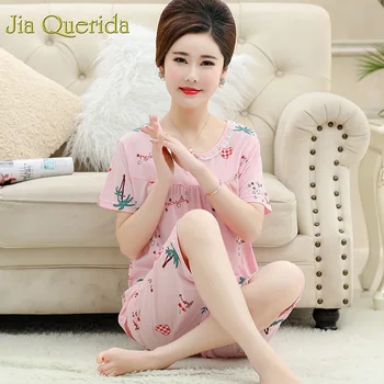 

Pink Pijama Femme Cotton Pj Women Short Pink Printing Cropped Trousers Plus Size 4xl Mid-aged Ladies Home Wear Summer 2019 Pjs