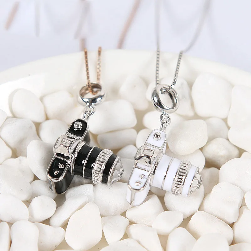 

White/Black Enamel SLR Camera 925 Silver Pendant
