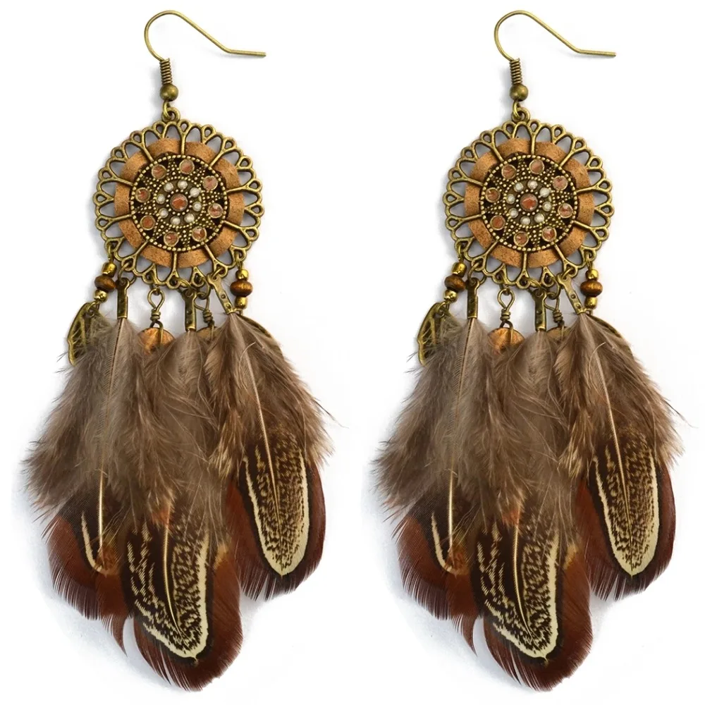 

Bohemian Ethnic Dream Catcher Brown Feather Antique Long Drop Earrings for Women Indian Jhumka Tribal Gypsy Festival Jewelry