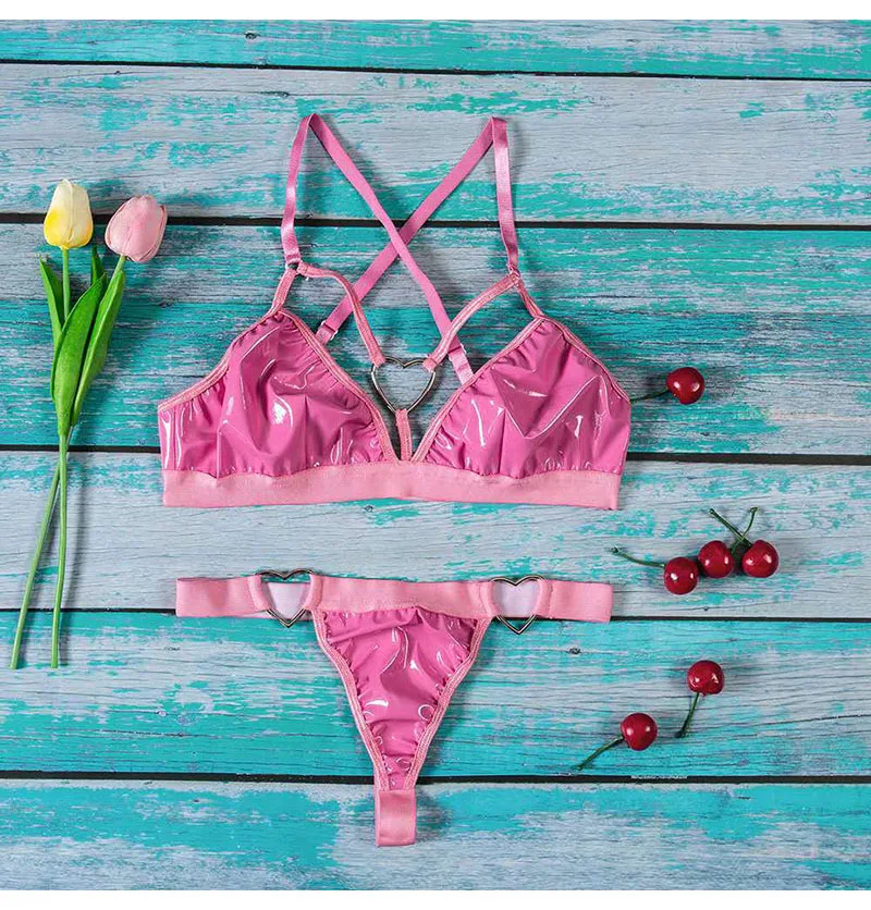 Sexy Lingerie Faux Leather Erotic Underwear Latex Pole Dance Cortex Mirror Surface Punk PVC Metal Heart Shape Bikini Uniform (6)