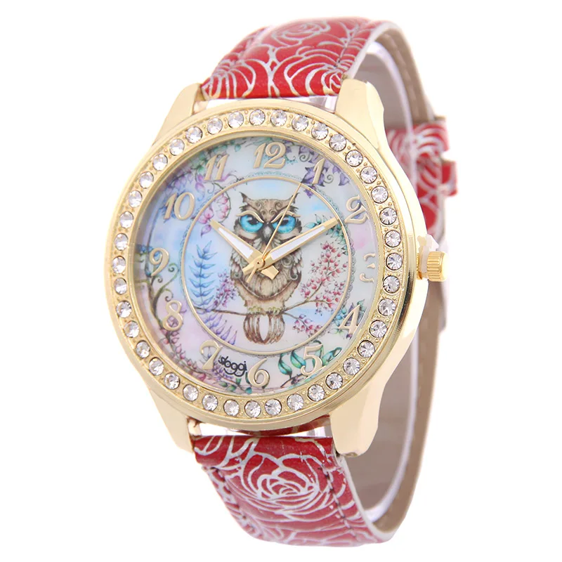 

Owl Watch Elegant Women Rhinestone Diamonds Watches Fashion Printing Leather Strap Casual Quartz Wrist Watch Relogio Feminino