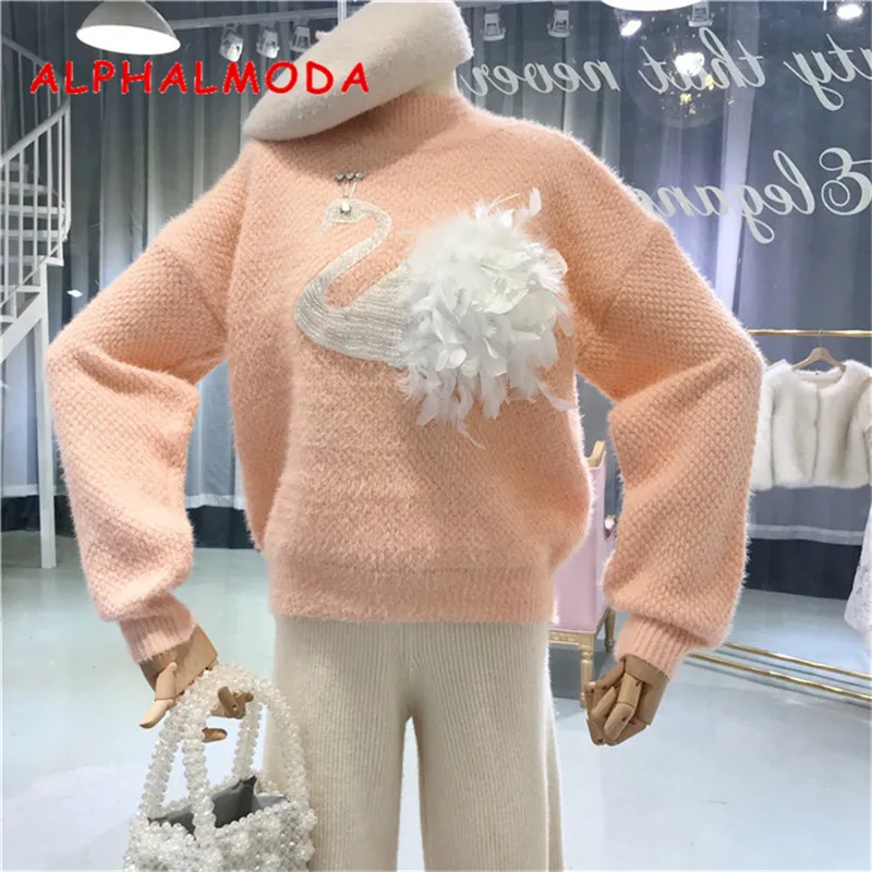 ALPHALMODA 2019 Spring Ladies Lazy Breeze Loose Swan Feather Faux Mink Cashmere Sweater Sweet Knitted Outfit Jumpers | Женская одежда