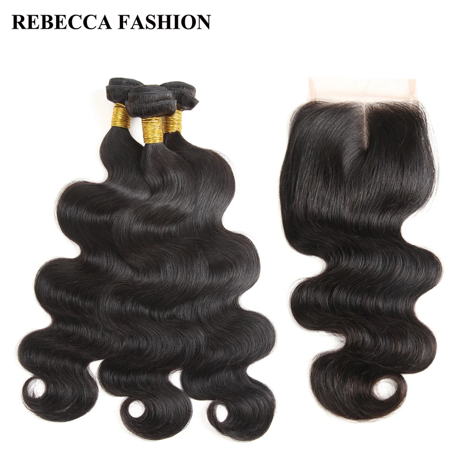 Rebecca Brazilian Virgin Hair With Closure Human Hair Body Wave 3 Bundles 4x4 Lace Closure For Salon Hair Free Shipping brazilian-body-wave-hair-bundles