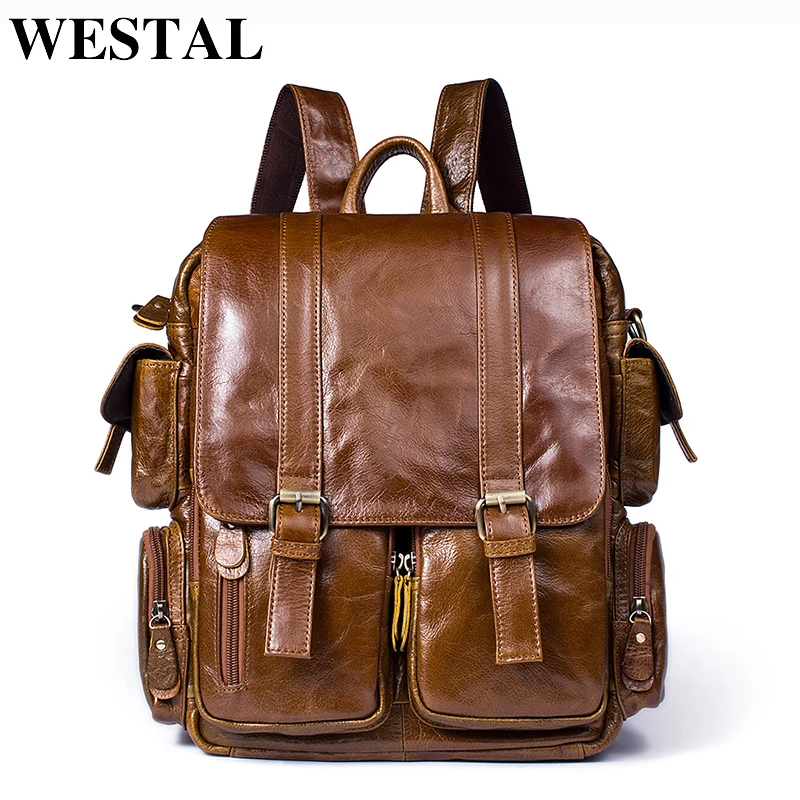 Free Shipping  WESTAL Men Backpack for 14inch laptop Backpacks Large Capacity Student Backpack Genuine Leather Tra