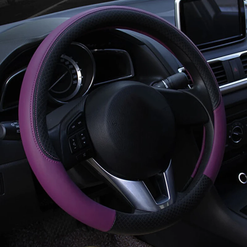 Чехол рулевого колеса автомобиля черный и красный Противоскользящий протектор из искусственной кожи универсальный 38 см - Название цвета: Purple