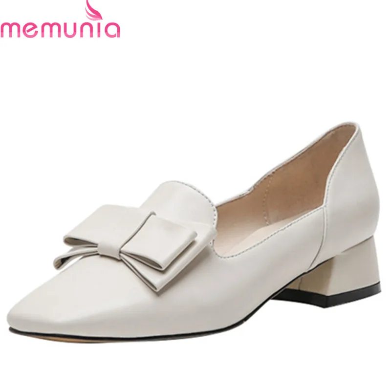 

MEMUNIA 2019 newest women pumps square toe genuine leather shoes bowknot slip on summer shoes comfortable casual shoes woman