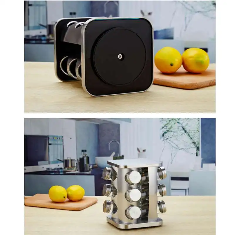 Rotary Seasoning Jar Seasoning Box Stainless Steel Salt Pot Glass Seasoning Jar Kitchen Supplies