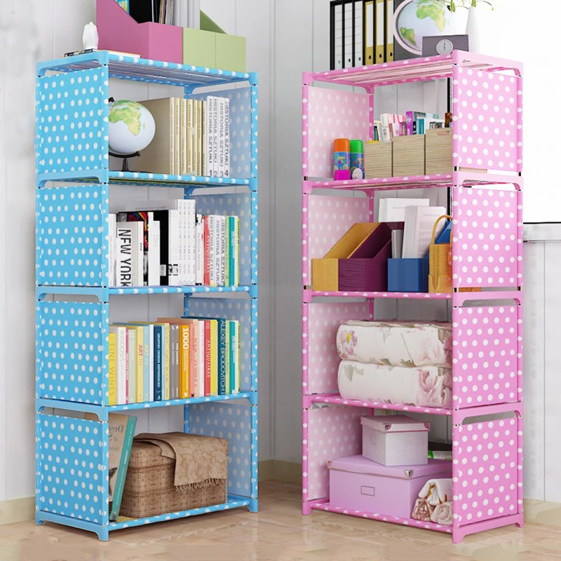 

Simple Non-woven Home Interior Decoration single row Assembly Stainless Steel Bookshelf Standing fashion Books Storage Furniture