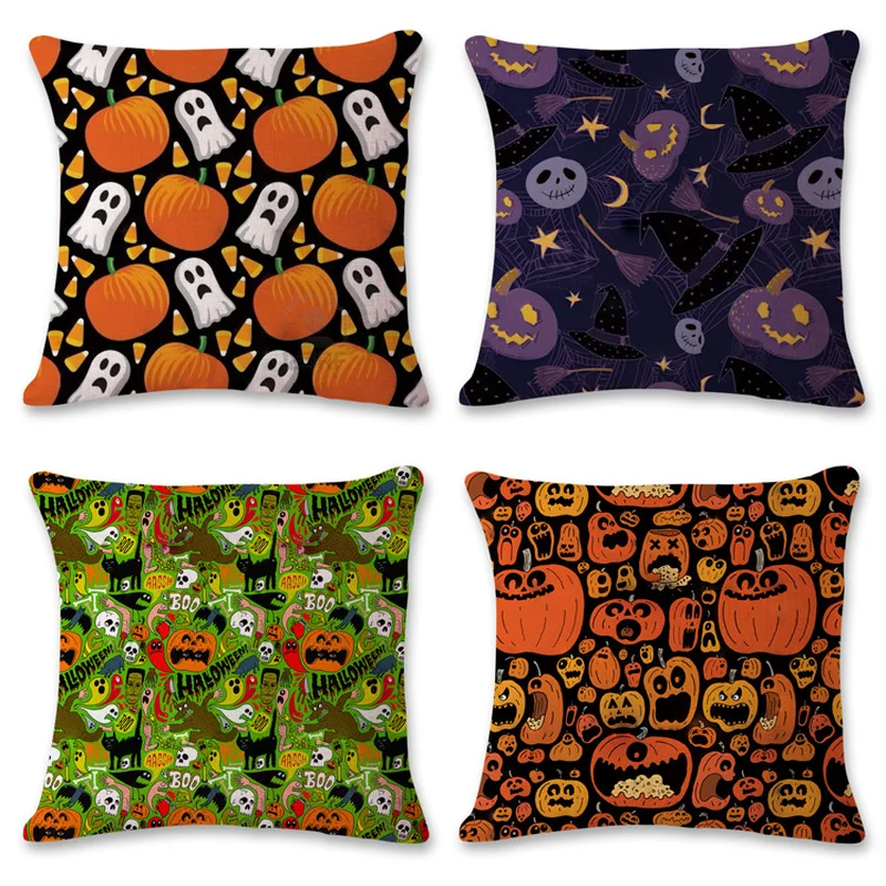 Witch Pumpkin Linen Pillow Case Halloween Cushion Cover Skull