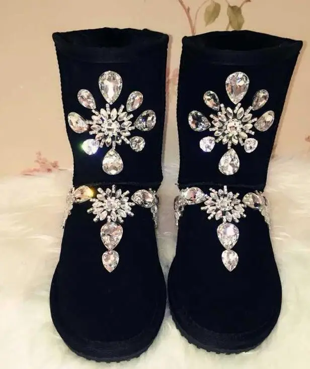 

European station new hand-made heavy industry fashion rhinestone Czech diamond tube cowhide leather snow boots women cotton shoe