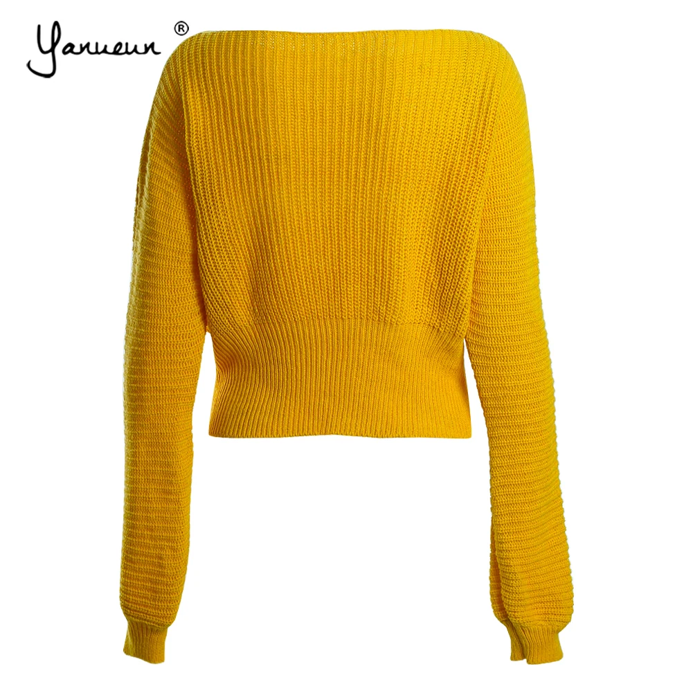 Yanueun, Осень-зима, женский свитер и пуловеры, вязаный, яркий, один цвет, на шнуровке, длинный рукав, однотонный, Повседневный,, топы