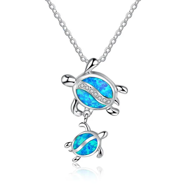 FDLK  Hot New Arrival Cute Ocean Beach Jewelry Blue Opal Sea Turtle 1PC Allergy Free Adjustable Pendant Necklace TwoTurtles