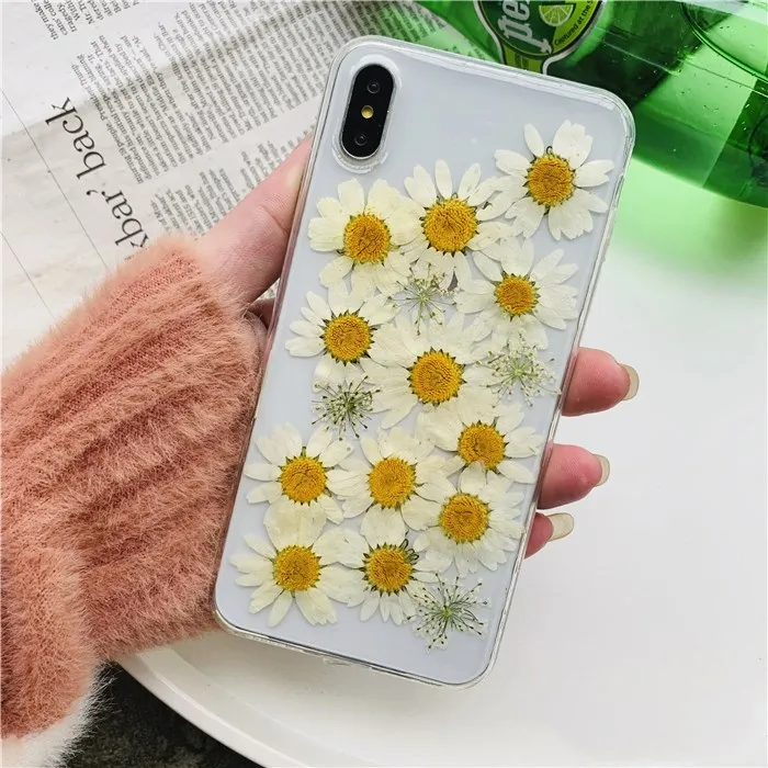 

Dried Real Flower Daisy Phone Case for Iphone X Xs Max Transparent Soft Tpu Case for Iphone 6s 7 8plus Xr Shiny Back Cover