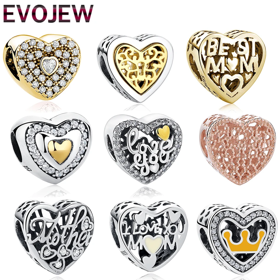 

EVOJEW Rose Gold Love Heart Beads Fit Pandora Charm Original 925 Sterling Silver Heart Shape Gold Bead Clear CZ Jewelry Making