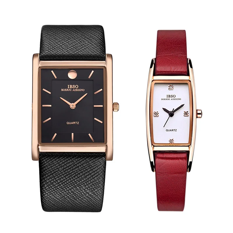 IBSO брендовые парные кварцевые часы, брендовые ультра-тонкие прямоугольные кварцевые наручные часы с циферблатом для мужчин и женщин, кварцевые часы с кожаным ремешком - Цвет: 7