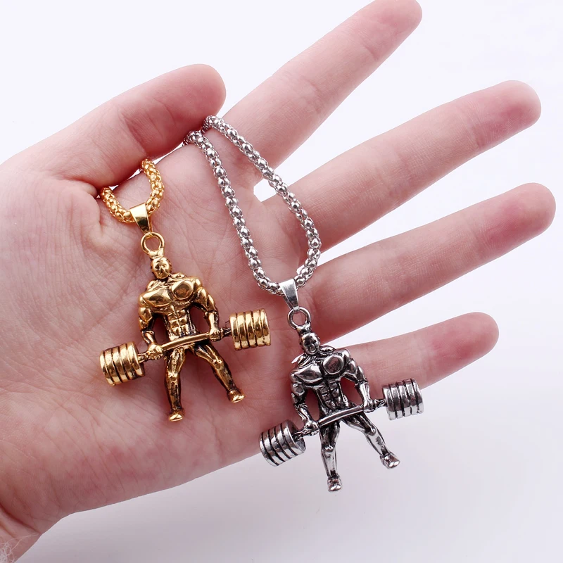 

Sport Fitness Men Silver/Gold Zinc Alloy Pendant Necklace Male Muscular Hercules Dumbbell Weight Lifting Gym Jewelry