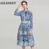 Spring Novelty Ladies Suits 2018 Top Fashion Full Lantern Sleeve Floral Print Bow Exquisite Blouse + Runway Pleated Skirt Sets