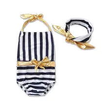 Комплект из 2 предметов для маленьких девочек; полосатый золотой галстук-бабочка; слитный купальник; Новинка года; летний купальник; повязка на голову; купальная одежда
