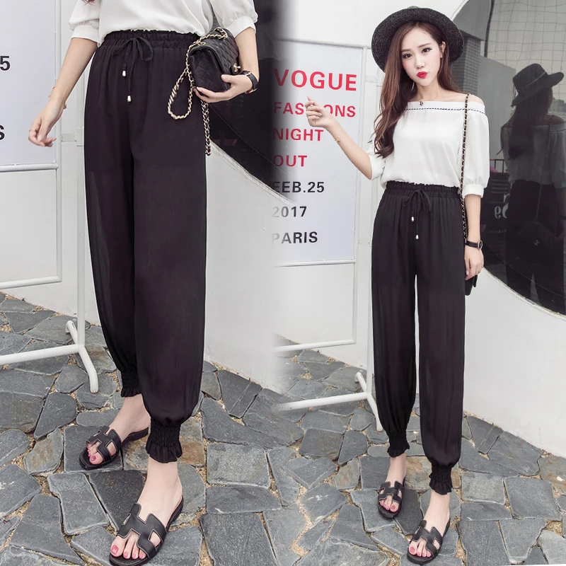 

Female Casual Bohemia Style Chiffon Harem Pants Elastic Waist Thin Slim Ankle-length Trousers Women Hot Comfy loose pants summer