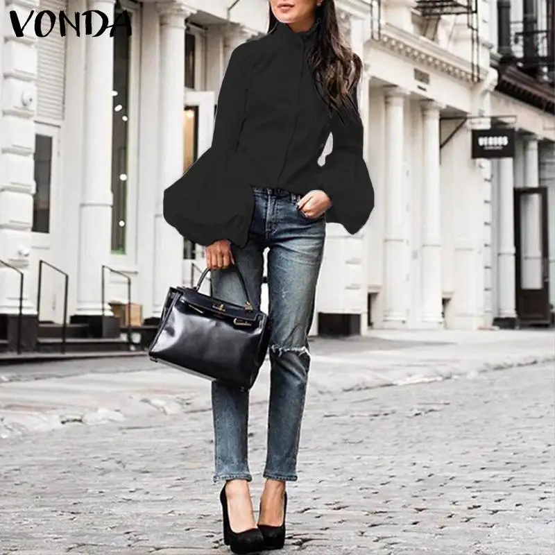  Plus Size Tunic Women's Blouse VONDA 2019 Autumn Long Lantern Sleeve Shirt Office Lady Blusas Casua