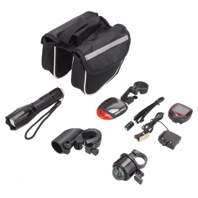 Cheap Cycling Bicycle Light Set Kit Bike Flashlight+Bicycle Rear Tail Lights+Stopwatch+Bike Tube Bag+Bell+Bracket Accessories New