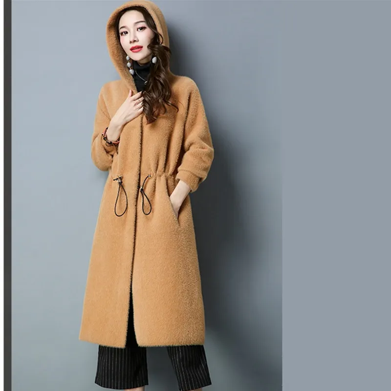 Light khaki UHYTGF осенне-зимняя куртка женская Высококачественная Водонепроницаемая норковая кашемировая верхняя одежда с капюшоном изящное длинное пальто Женская S-5XL114 - Цвет: Light khaki