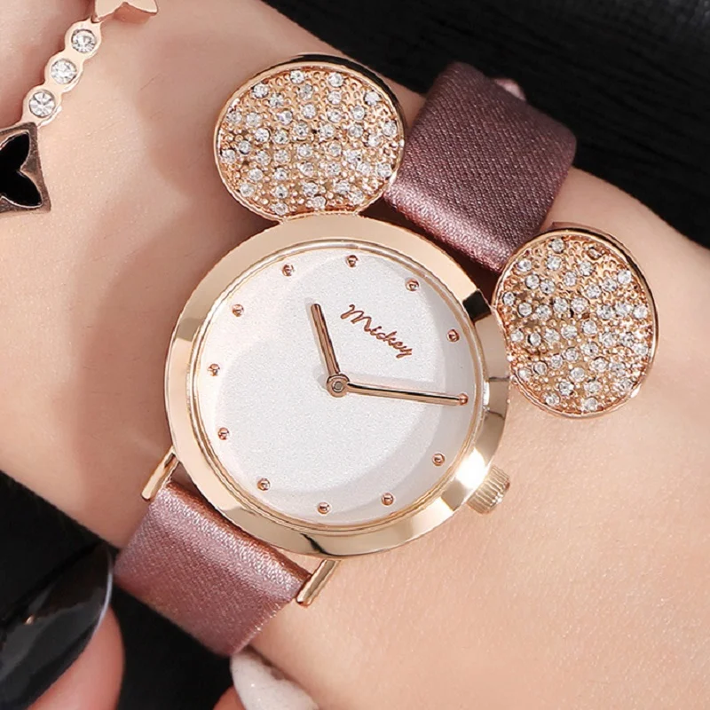 New Disney Watch Women Cute Mickey Mouse Gold Girls Watches Fashion Casual Rhinestone Waterproof Leather Luxury Hot