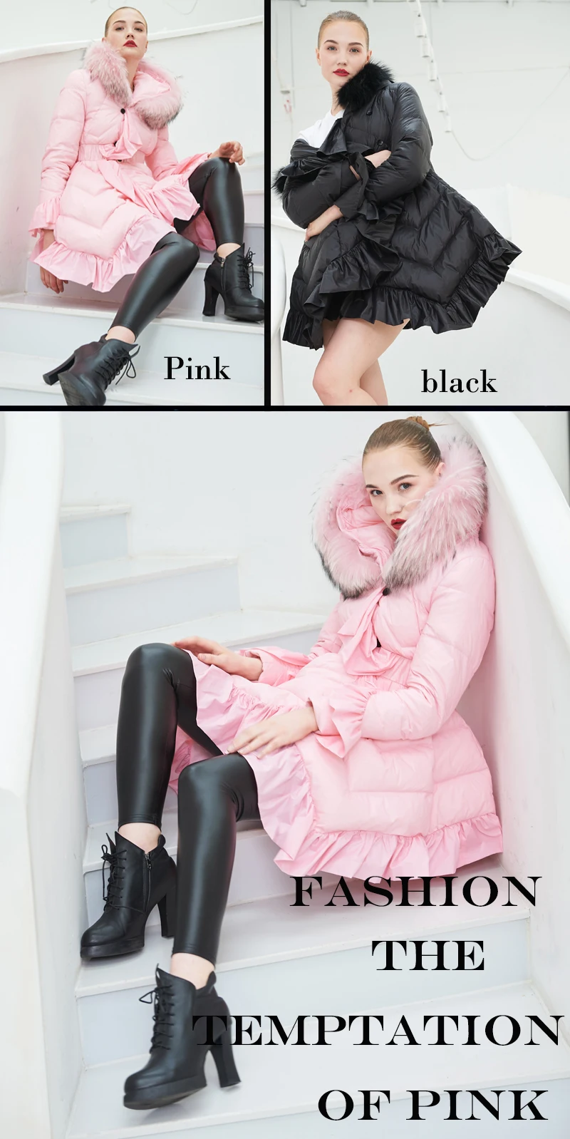 YNZZU, роскошный дизайн, женский пуховик,, зимний, розовый, с оборками, утиный пух, пальто для женщин, натуральный мех, с капюшоном, теплое пальто, пояс, O683