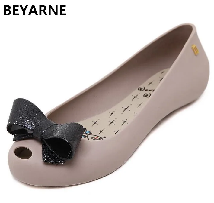 

BEYARNE woman sweet bowtie jelly shoes peep toe lady students sandals women summer beach sandals candy colors khaki blue 36-40