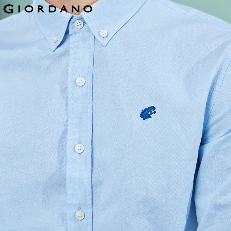 Giordano рубашка фирмы Giordano «Оксфорд» выполненная из натурального хлопка с логотипом лягушки на груди, имеет три варианта цвета белый, небесный и серый