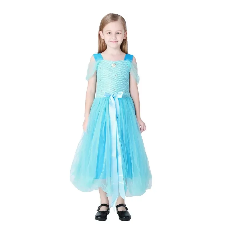 Детский костюм принцессы на Хэллоуин для девочек, летнее синее платье без рукавов из тюля с холодным вырезом, косплей, вечерние наряды на день рождения, подарок для От 4 до 10 лет