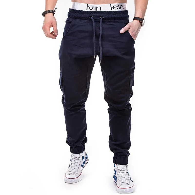 Europe and the United States 2019 new large size men's fashion solid color side pockets with belts casual trousers trousers