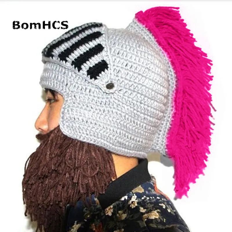 BomHCS забавные зимние теплые шапки с бородой для косплея Римский рыцарь вязаный шлем оригинальные варварские шапочки ручной работы мужские шапки - Цвет: ROSE RED TASSEL