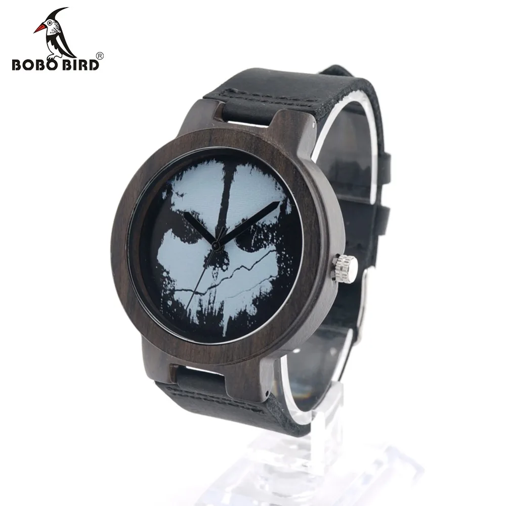 BOBO BIRD Ebony Wooden Watch Ladies with Skeleton Logo Luxury Quartz Watches with Genuine Leather Band for Men as Gift