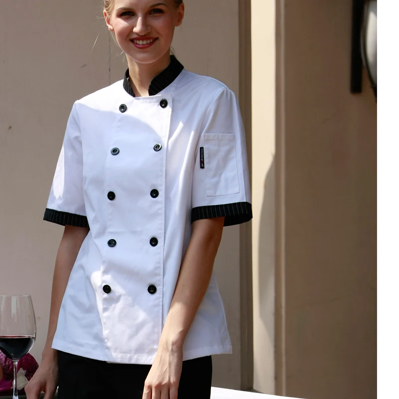 

New FashionRestaurant Hotel Kitchen Female Women Chef Coats Jackets Uniforms Double Breasted Short Sleeves