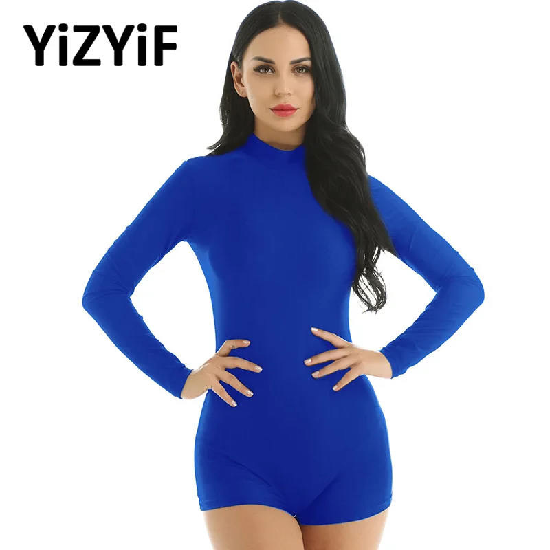

One Piece swimsuit bathing suit women monokini Mock Neck Long Sleeve Stretchy Gymnastics Leotards Ballet Dance Shorts Bodysuit