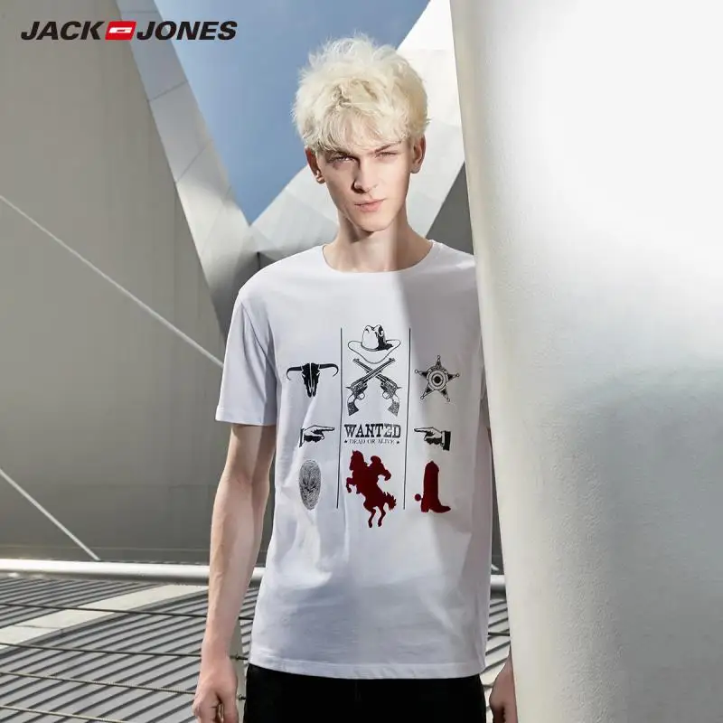 JackJones Мужская футболка из хлопка Удобная футболка с короткими рукавами и принтом 219201503 - Цвет: TRUE WHITE