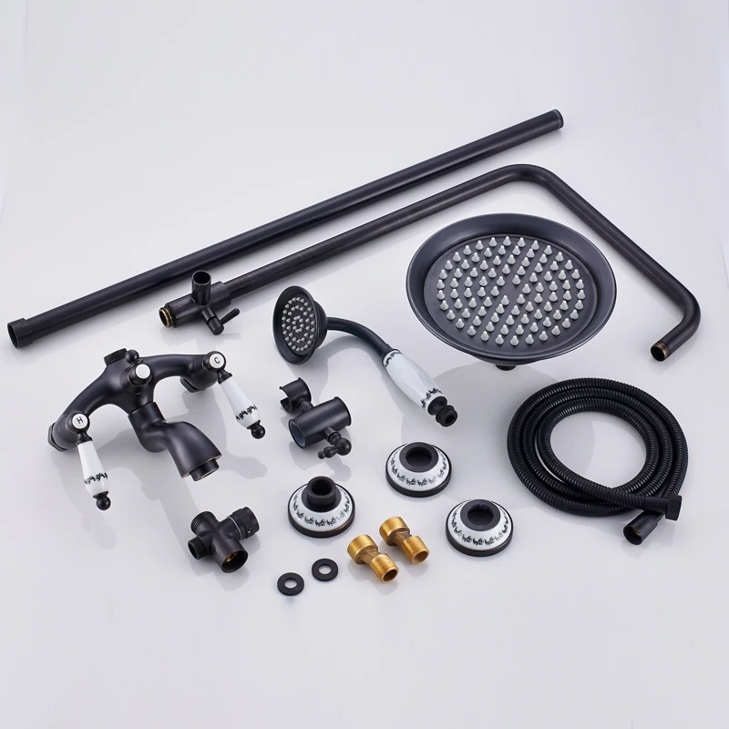 Quyanre Black Antique Brass Shower Faucet Set Porcelain Deco Bathtub Shower Kit Spray Dual Knobs Mixer Tap Swivel Tub Spout