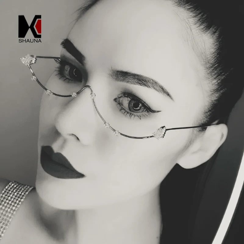 

SHAUNA Unique No Lens Electronic Girls Semi-Rimless Eyeglasses Frame Crystal Decoration Men Oval Decorative Glasses