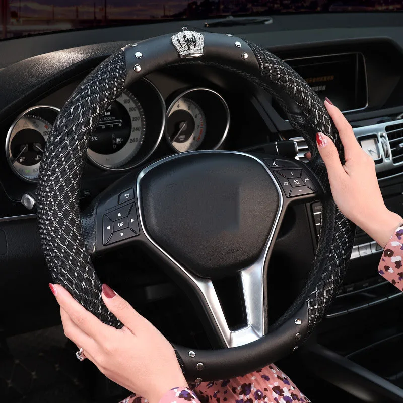 

New Summer Bling Mesh Steering Wheel Cover Case For Women Lady Girls Crown Crystal Diamond Ice Silk Car Interior Accessories
