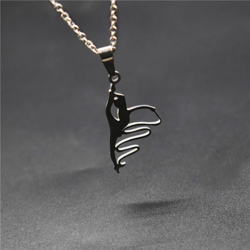 New Ribbon Dancing Necklace Stainless Steel Silver Color Ribbon Dancer Pendant Necklace Dance Jewellery