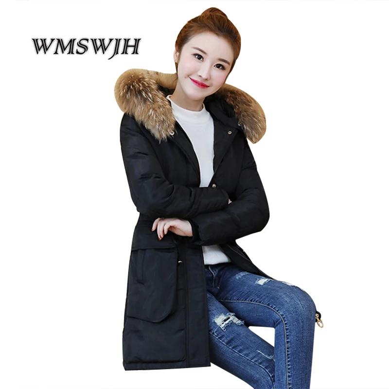 

Women Long Coat Winter Warm Fur Collar Hooded Jacket Down Cotton Slim Lace Up Zipper Parka Outwear Coats For Girl Plus Size 4XL