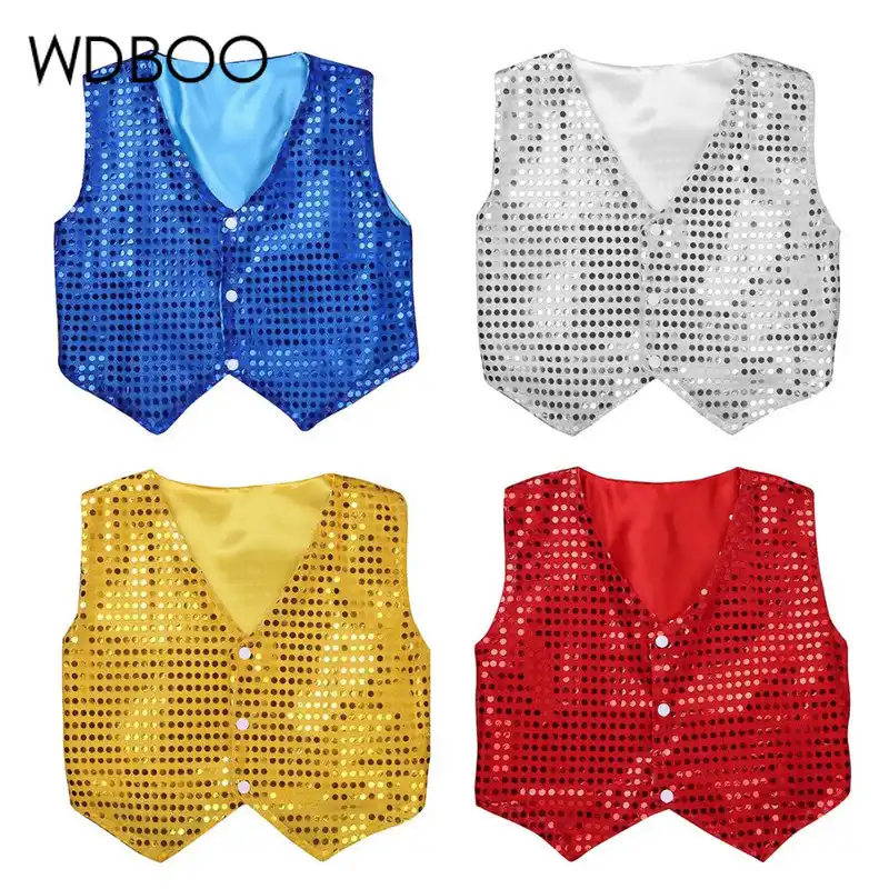 Kid Boys Glittery Waistcoat Dance Costumes Sequined Vest Shirt Modern Dancewear